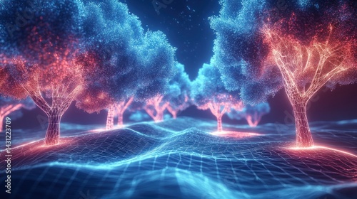 Digital forest landscape with glowing trees.  Abstract futuristic trees illuminated by vibrant neon light,  standing on a digitally textured terrain photo