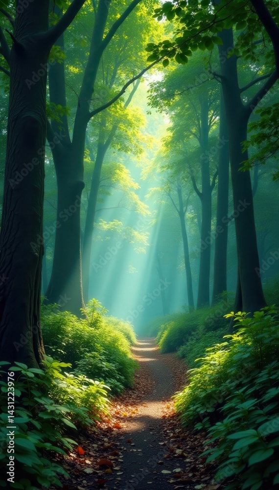 Obraz premium Mystical forest lane, dappled light, foliage canopy, scenic, fantasy, peaceful