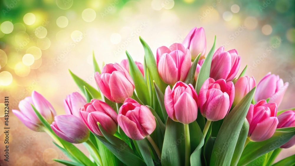 Fototapeta premium A delightful bouquet of pink tulips, vibrant and fresh, creates a captivating springtime scene against a soft, shimmering backdrop.