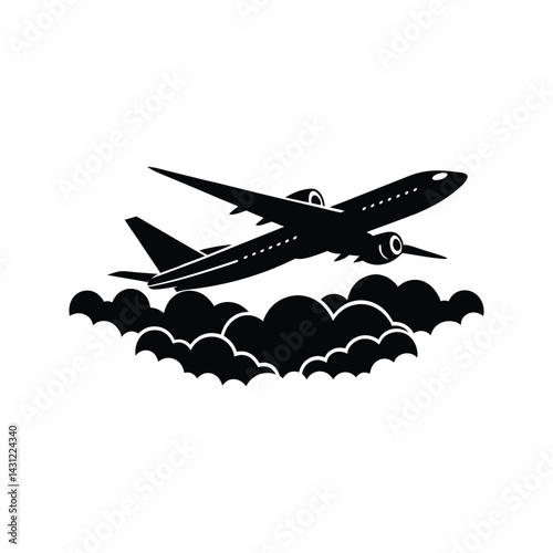 Airplane flying over clouds icon silhouette vector with white background