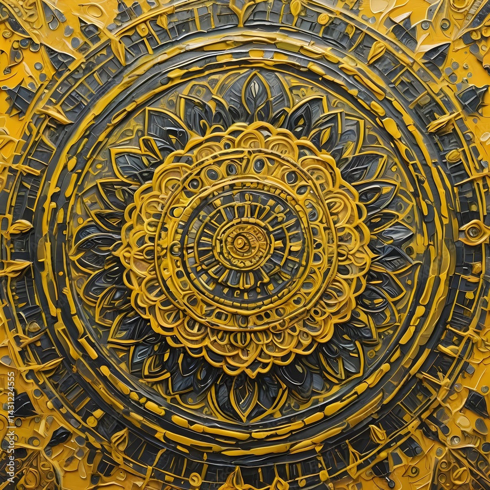 Fototapeta premium Radiant Yellow Mandala Design with Intricate Symmetry and Sacred Geometry in a High-Resolution Vector Style, Featuring Golden, Mustard, and Sunlight Tones That Evoke Warmth Positivity and Spiritual.
