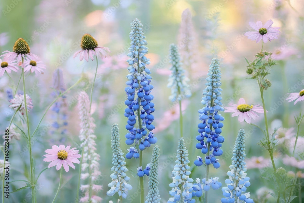 Obraz premium Delicate pastel wildflowers in a meadow. Soft focus captures the beauty of a variety of light pink, light blue and light purple blossoms in a natural setting