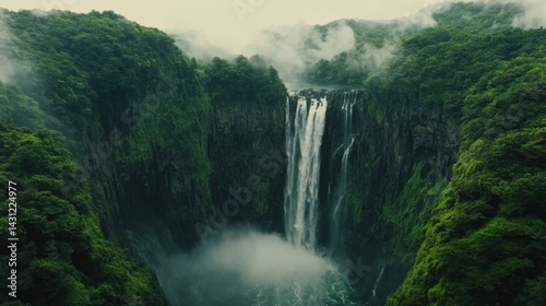 Majestic waterfall cascading through lush green cliffs shrouded in mist serene nature scene aerial perspective scenic beauty