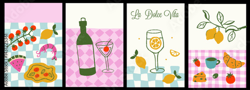 Abstract posters with la dolce vita breakfast doodles. Banners with colorful food crayon drawing style. Flier for invitations, menus design