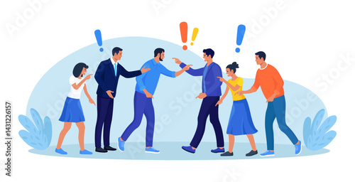 Two groups of people arguing and fighting, business conflict. Teamwork disagreement. Fierce rivalry, unhealthy competition. Colleagues having debate. Angry people arguing or misunderstanding
