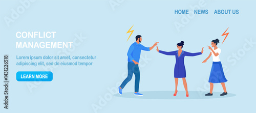 Conflict management. Woman stopping conflict or fighting. Leadership skill to compromise and solving argument problem. Disagreement communication, negotiation. Business deal conversation