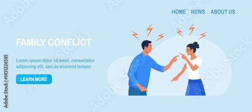 Conflict between man and woman. Married people quarrel, wife and husband arguing. Family conflict. Angry couple shouting at each other. Parting, divorce, misunderstanding and crisis in family.
