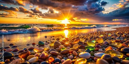 Glowing Beach Glass Sunset: Long Exposure Photography of Colorful Pebbles on Sandy Shore