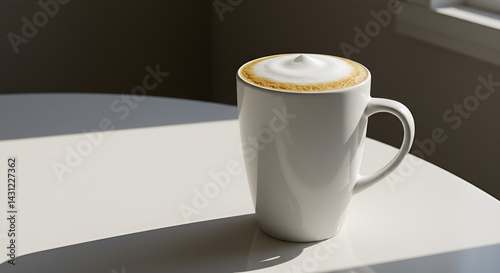 Tall white mug with frothy milk coffee, clean reflection on glossy white table