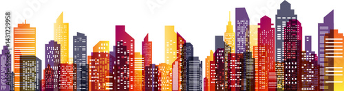 Colorful city skyline. Urban panoramic silhouette. Vector horizontal banner of cityscape in overlay style.