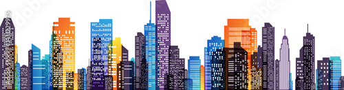 Colorful city skyline. Urban panoramic silhouette. Vector horizontal banner of cityscape in overlay style.