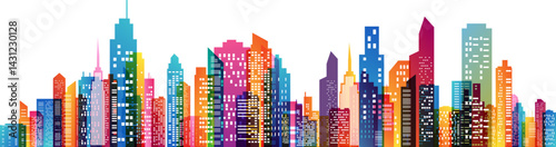 Colorful city skyline. Urban panoramic silhouette. Vector horizontal banner of cityscape in overlay style.