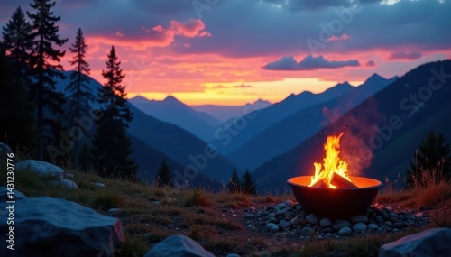 Twilight sky embraces campfire and mountains, foreground pot suggests warmth and adventure , woods, camping
