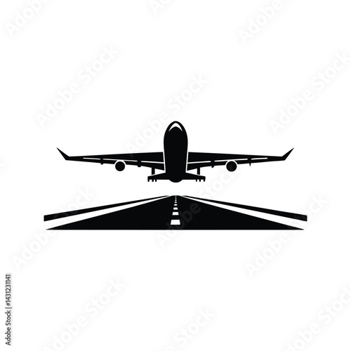 Passenger jet landing scene icon silhouette vector with white background