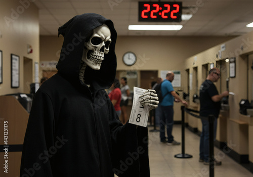 A grim reaper figure is seen holding a ticket in a DMV, with a time display above.