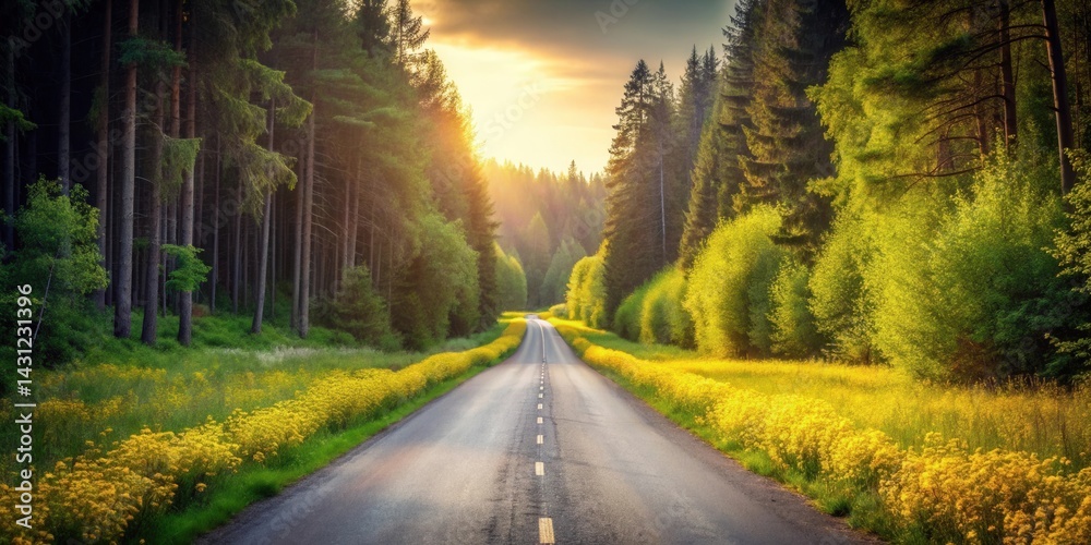 Fototapeta premium Golden Hour Journey Through a Verdant Forest Along a Scenic Asphalt Road Lined with Vibrant Yellow Wildflowers