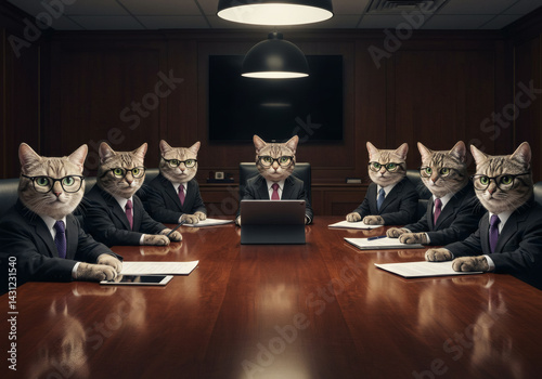 Cats in suits gather in a boardroom for a meeting, discussing corporate business plans and ideas.
