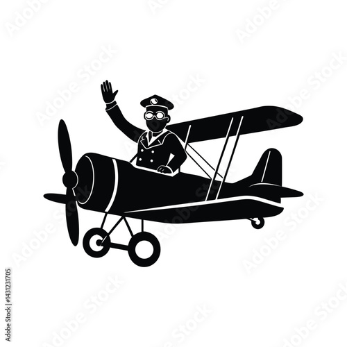 Biplane with pilot waving icon silhouette vector with white background