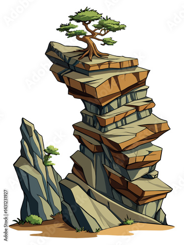 Tree on cliff. Stone cliff land greenery. Lonely tree on big stone mountain cliff. Large solid rock peak landscape. Mountain headland cartoon game asset object, vector isolated on white background.