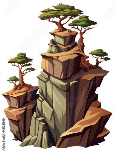 Tree on cliff. Stone cliff land greenery. Lonely tree on big stone mountain cliff. Large solid rock peak landscape. Mountain headland cartoon game asset object, vector isolated on white background.
