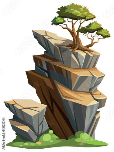 Tree on cliff. Stone cliff land greenery. Lonely tree on big stone mountain cliff. Large solid rock peak landscape. Mountain headland cartoon game asset object, vector isolated on white background.