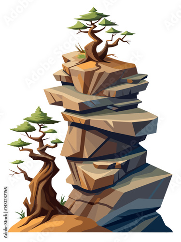 Tree on cliff. Stone cliff land greenery. Lonely tree on big stone mountain cliff. Large solid rock peak landscape. Mountain headland cartoon game asset object, vector isolated on white background.
