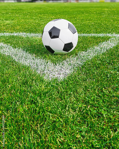 a soccer ball on the green grass on the line on corner in soccer stadium. corner kick. poster.