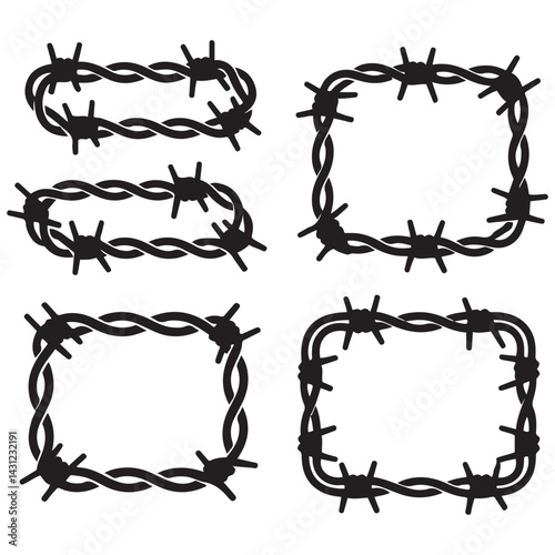 Twisted barbed wire Vector Black silhouettes set in rounded and square shapes. illustration of steel wire barb fence frames. Concept of protection, danger or security. with white background