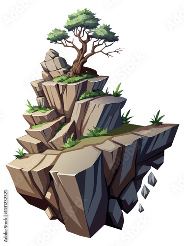Tree on cliff. Stone cliff land greenery. Lonely tree on big stone mountain cliff. Large solid rock peak landscape. Mountain headland cartoon game asset object, vector isolated on white background.