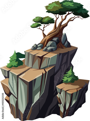 Tree on cliff. Stone cliff land greenery. Lonely tree on big stone mountain cliff. Large solid rock peak landscape. Mountain headland cartoon game asset object, vector isolated on white background.