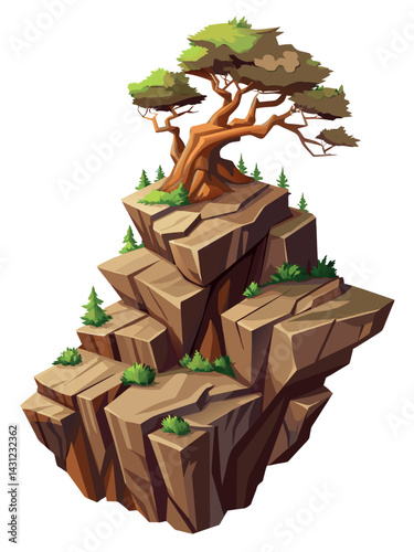 Tree on cliff. Stone cliff land greenery. Lonely tree on big stone mountain cliff. Large solid rock peak landscape. Mountain headland cartoon game asset object, vector isolated on white background.