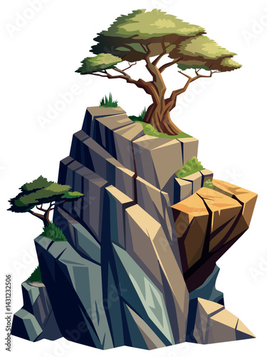 Tree on cliff. Stone cliff land greenery. Lonely tree on big stone mountain cliff. Large solid rock peak landscape. Mountain headland cartoon game asset object, vector isolated on white background.