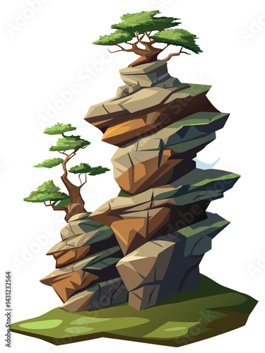 Tree on cliff. Stone cliff land greenery. Lonely tree on big stone mountain cliff. Large solid rock peak landscape. Mountain headland cartoon game asset object, vector isolated on white background.