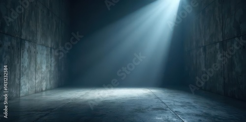 Empty dark studio, spotlit concrete, ethereal mist, empty room, simple