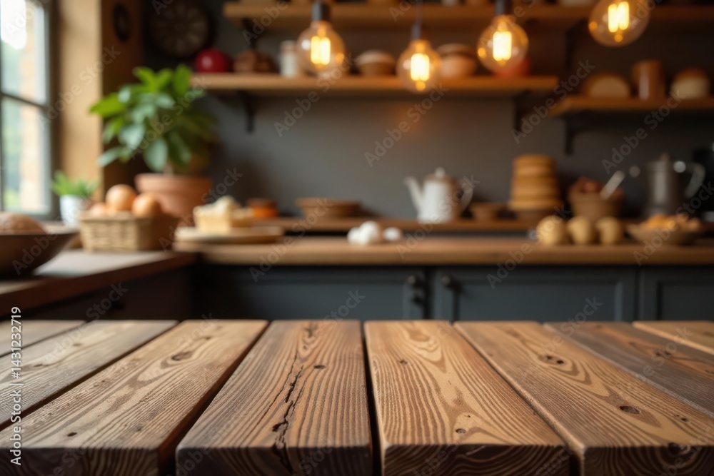 Empty rustic wood table, blurred bakery bokeh background, lights, overlay, coffee Empty rustic wood table, blurred bakery bokeh background, lights, overlay, coffee
