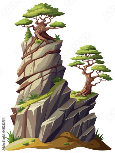 Tree on cliff. Stone cliff land greenery. Lonely tree on big stone mountain cliff. Large solid rock peak landscape. Mountain headland cartoon game asset object, vector isolated on white background.