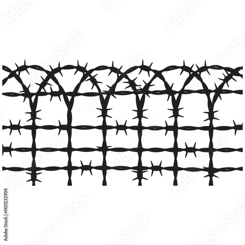 Twisted barbed wire Vector Black silhouettes set in rounded and square shapes. illustration of steel wire barb fence frames. Concept of protection, danger or security. with white background