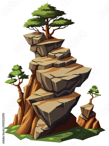 Tree on cliff. Stone cliff land greenery. Lonely tree on big stone mountain cliff. Large solid rock peak landscape. Mountain headland cartoon game asset object, vector isolated on white background.