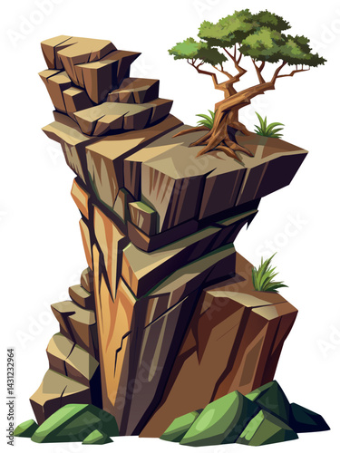 Tree on cliff. Stone cliff land greenery. Lonely tree on big stone mountain cliff. Large solid rock peak landscape. Mountain headland cartoon game asset object, vector isolated on white background.