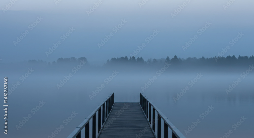 Obraz premium Wooden pier jetty extending into calm water with dense fog mist.