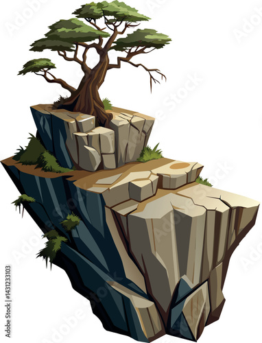 Tree on cliff. Stone cliff land greenery. Lonely tree on big stone mountain cliff. Large solid rock peak landscape. Mountain headland cartoon game asset object, vector isolated on white background.