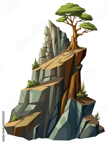 Tree on cliff. Stone cliff land greenery. Lonely tree on big stone mountain cliff. Large solid rock peak landscape. Mountain headland cartoon game asset object, vector isolated on white background.