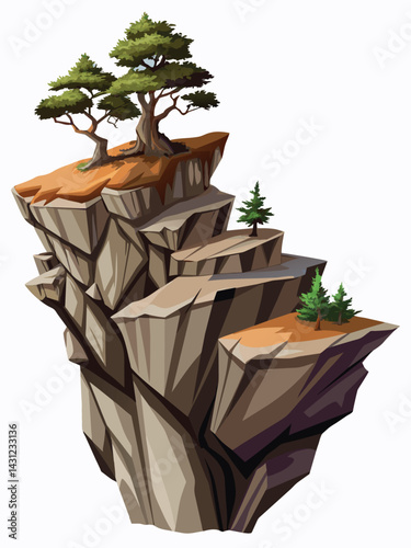 Tree on cliff. Stone cliff land greenery. Lonely tree on big stone mountain cliff. Large solid rock peak landscape. Mountain headland cartoon game asset object, vector isolated on white background.