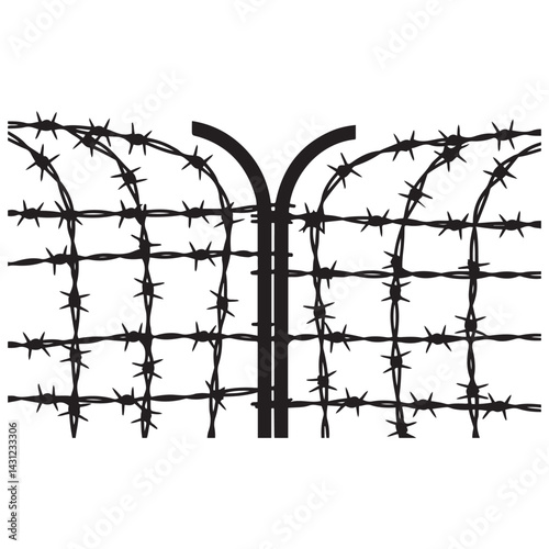 Twisted barbed wire Vector Black silhouettes set in rounded and square shapes. illustration of steel wire barb fence frames. Concept of protection, danger or security. with white background