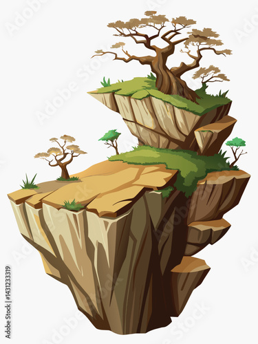 Tree on cliff. Stone cliff land greenery. Lonely tree on big stone mountain cliff. Large solid rock peak landscape. Mountain headland cartoon game asset object, vector isolated on white background.