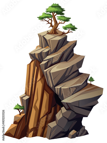 Tree on cliff. Stone cliff land greenery. Lonely tree on big stone mountain cliff. Large solid rock peak landscape. Mountain headland cartoon game asset object, vector isolated on white background.
