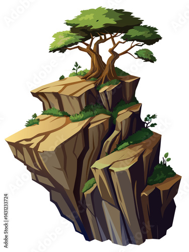 Tree on cliff. Stone cliff land greenery. Lonely tree on big stone mountain cliff. Large solid rock peak landscape. Mountain headland cartoon game asset object, vector isolated on white background.