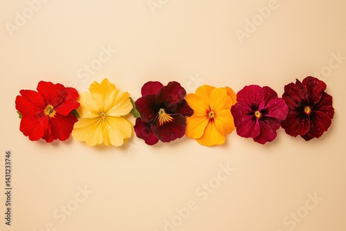 Edible flowers arranged in linear pattern, golden calendula, deep red nasturtium