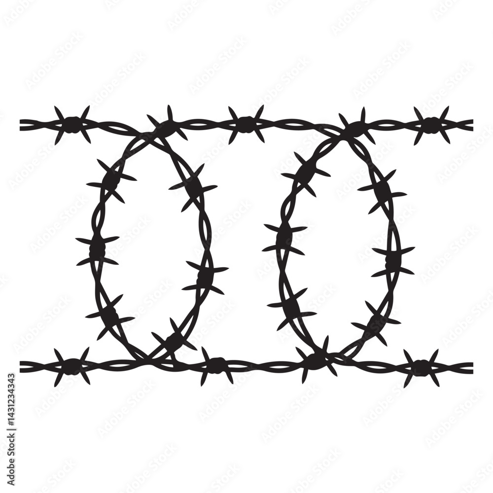 Fototapeta premium Twisted barbed wire Vector Black silhouettes set in rounded and square shapes. illustration of steel wire barb fence frames. Concept of protection, danger or security. with white background