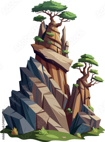 Tree on cliff. Stone cliff land greenery. Lonely tree on big stone mountain cliff. Large solid rock peak landscape. Mountain headland cartoon game asset object, vector isolated on white background.